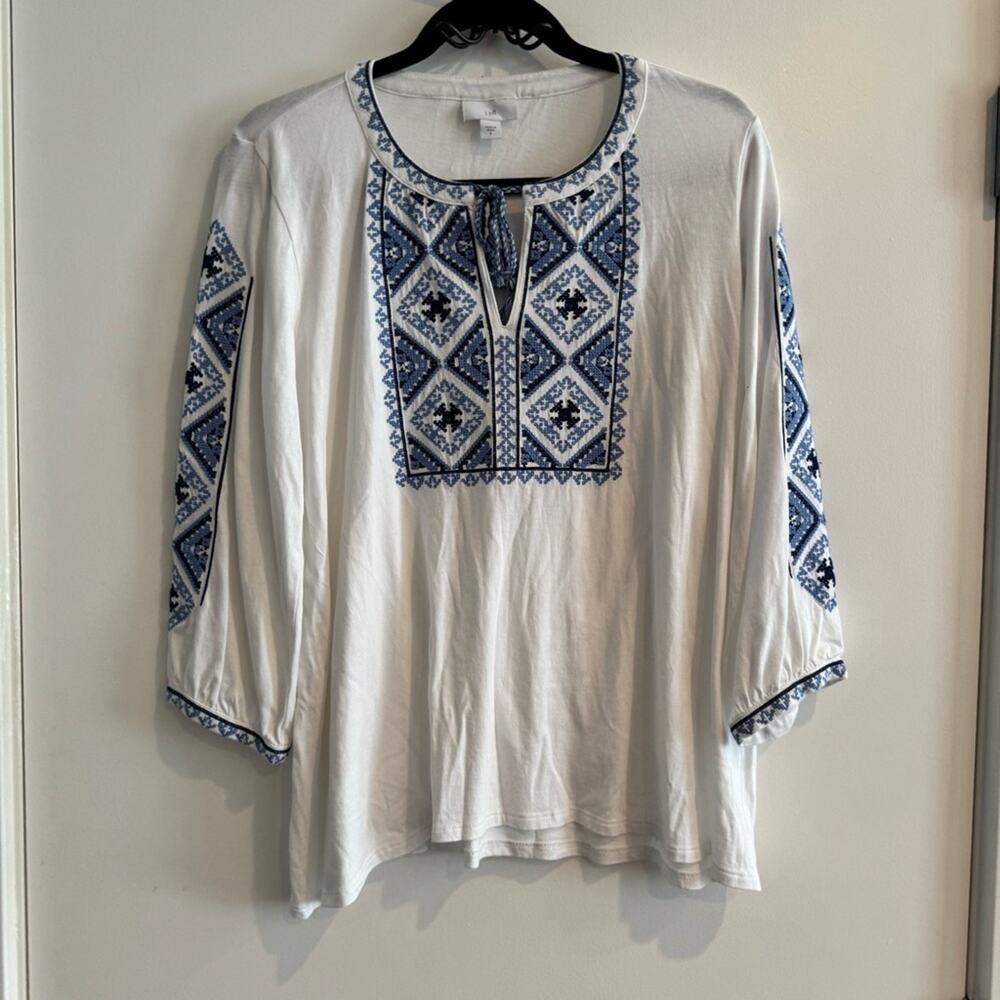 J. Jill White Blue Embroidered Cotton Blend Long Sleeve Top Blouse Women's sz S
